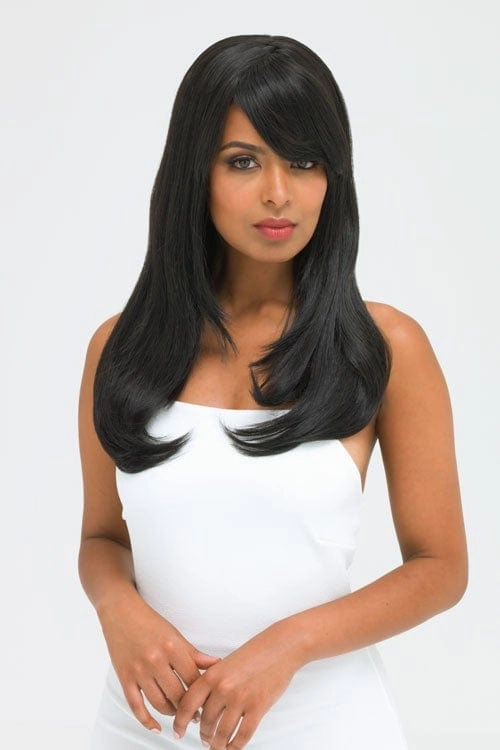 Long black wig, face frame style with full, sweeping fringe: Corina
