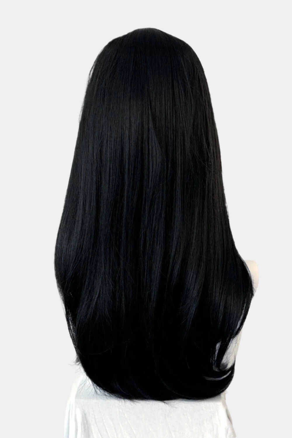 Long black wig, face frame style with full, sweeping fringe: Corina