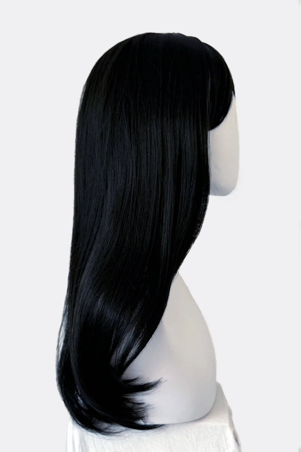 Long black wig, face frame style with full, sweeping fringe: Corina