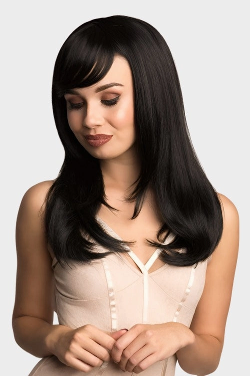 Long black wig, face frame style with full, sweeping fringe: Corina