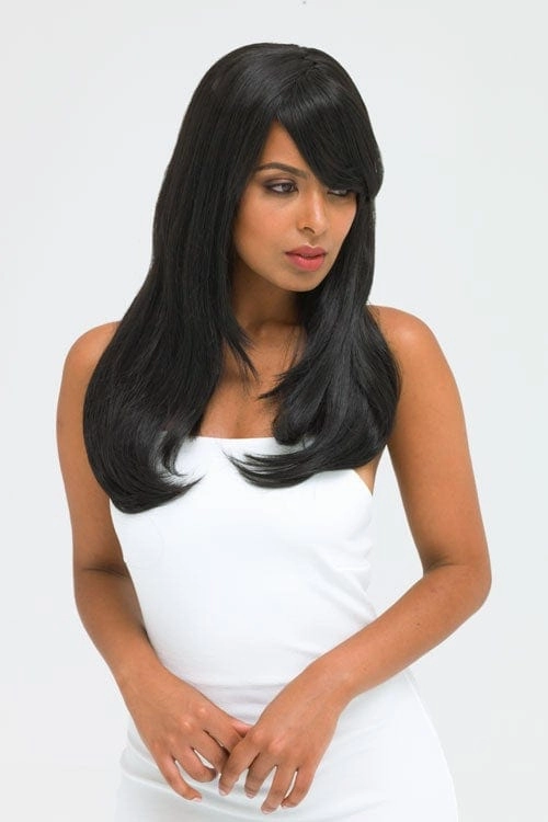 Long black wig, face frame style with full, sweeping fringe: Corina