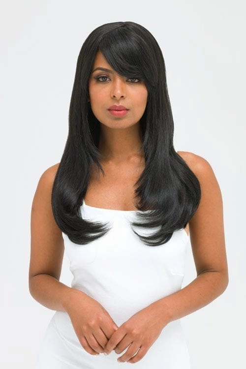 Long black wig, face frame style with full, sweeping fringe: Corina