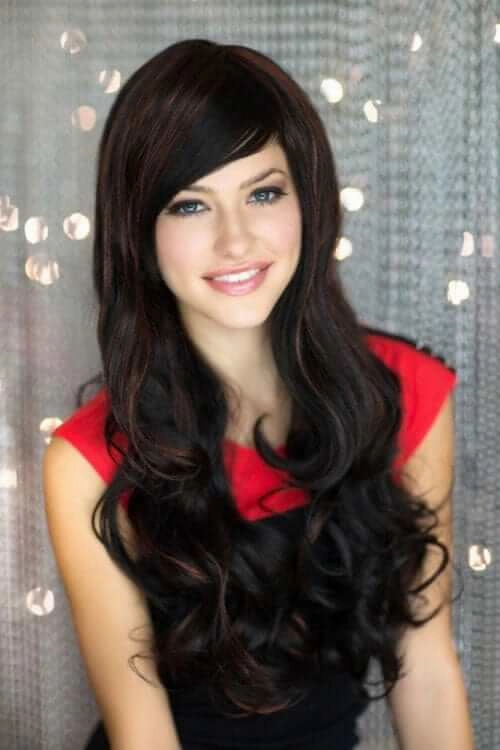 Long black wig with auburn highlights and gentle waves: Emily