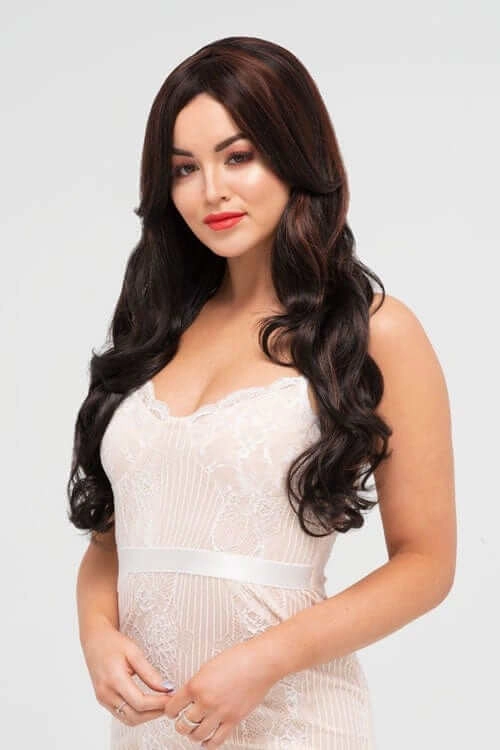 Long black wig with auburn highlights and gentle waves: Emily