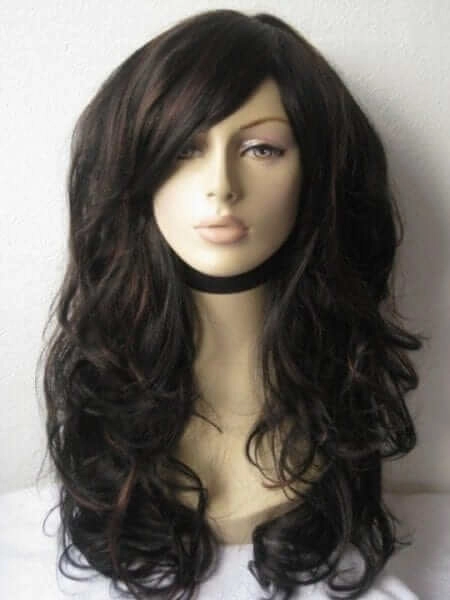 Long black wig with auburn highlights and gentle waves: Emily