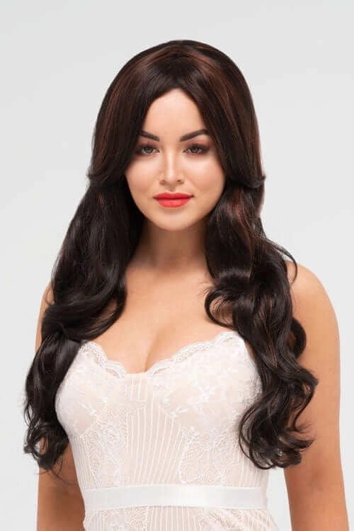 Long black wig with auburn highlights and gentle waves: Emily