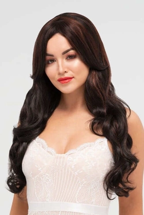 Long black wig with auburn highlights and gentle waves: Emily