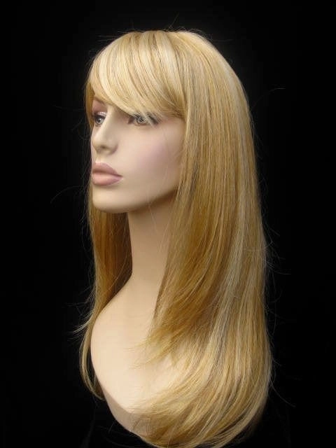 Long blonde wig, face framing with long, side-sweeping fringe: Ashley