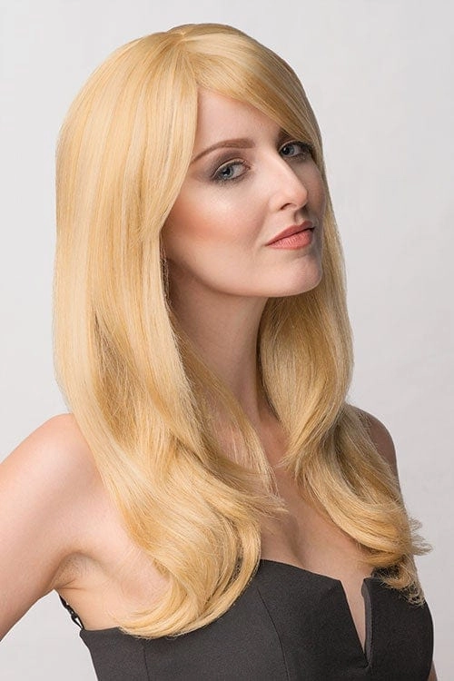 Long blonde wig, face framing with long, side-sweeping fringe: Ashley