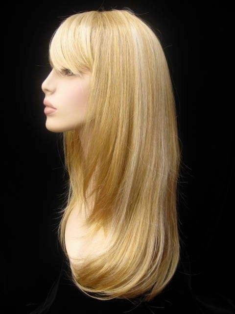 Long blonde wig, face framing with long, side-sweeping fringe: Ashley