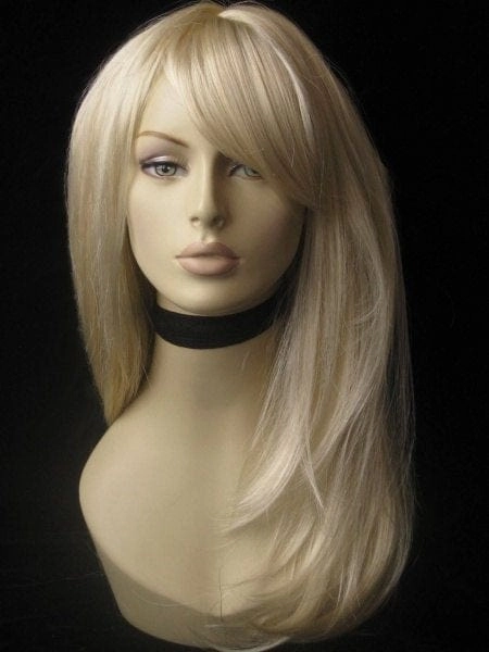 Long blonde wig, face framing with long, side-sweeping fringe: Ashley
