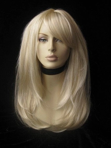 Long blonde wig, face framing with long, side-sweeping fringe: Ashley