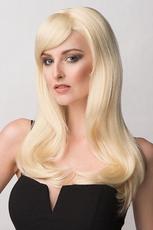 Long blonde wig, face framing with long, side-sweeping fringe: Ashley