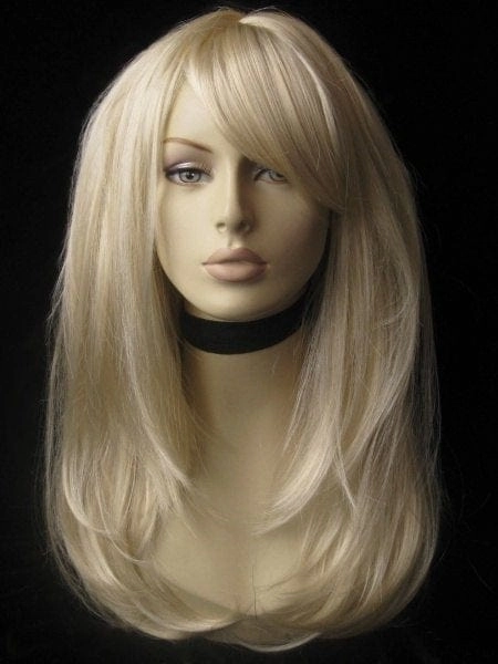 Long blonde wig, face framing with long, side-sweeping fringe: Ashley