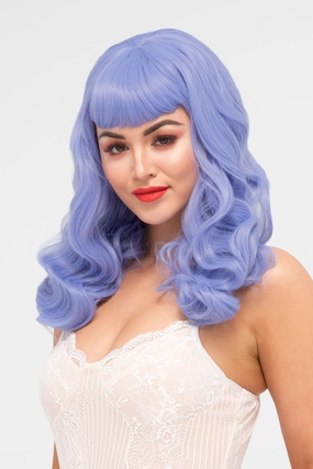Long blue pinup style wig, curled with short fringe: Ophelia