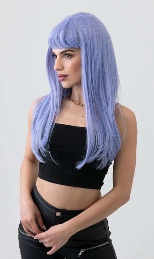 Long blue wig with short, straight fringe: Alyssa