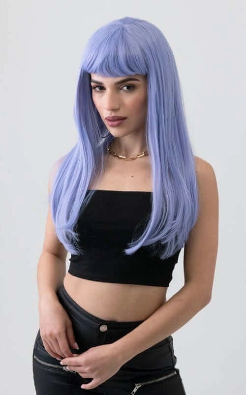Long blue wig with short, straight fringe: Alyssa