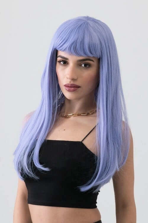 Long blue wig with short, straight fringe: Alyssa