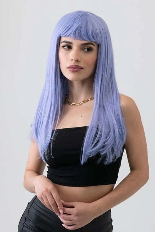 Long blue wig with short, straight fringe: Alyssa