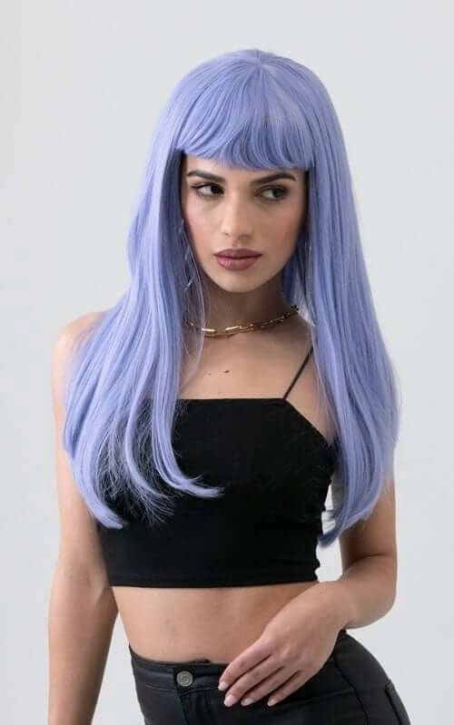 Long blue wig with short, straight fringe: Alyssa