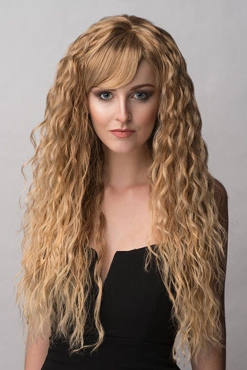 Long brown crimped wig, brown and blonde dip dye (ombre): Tiggy