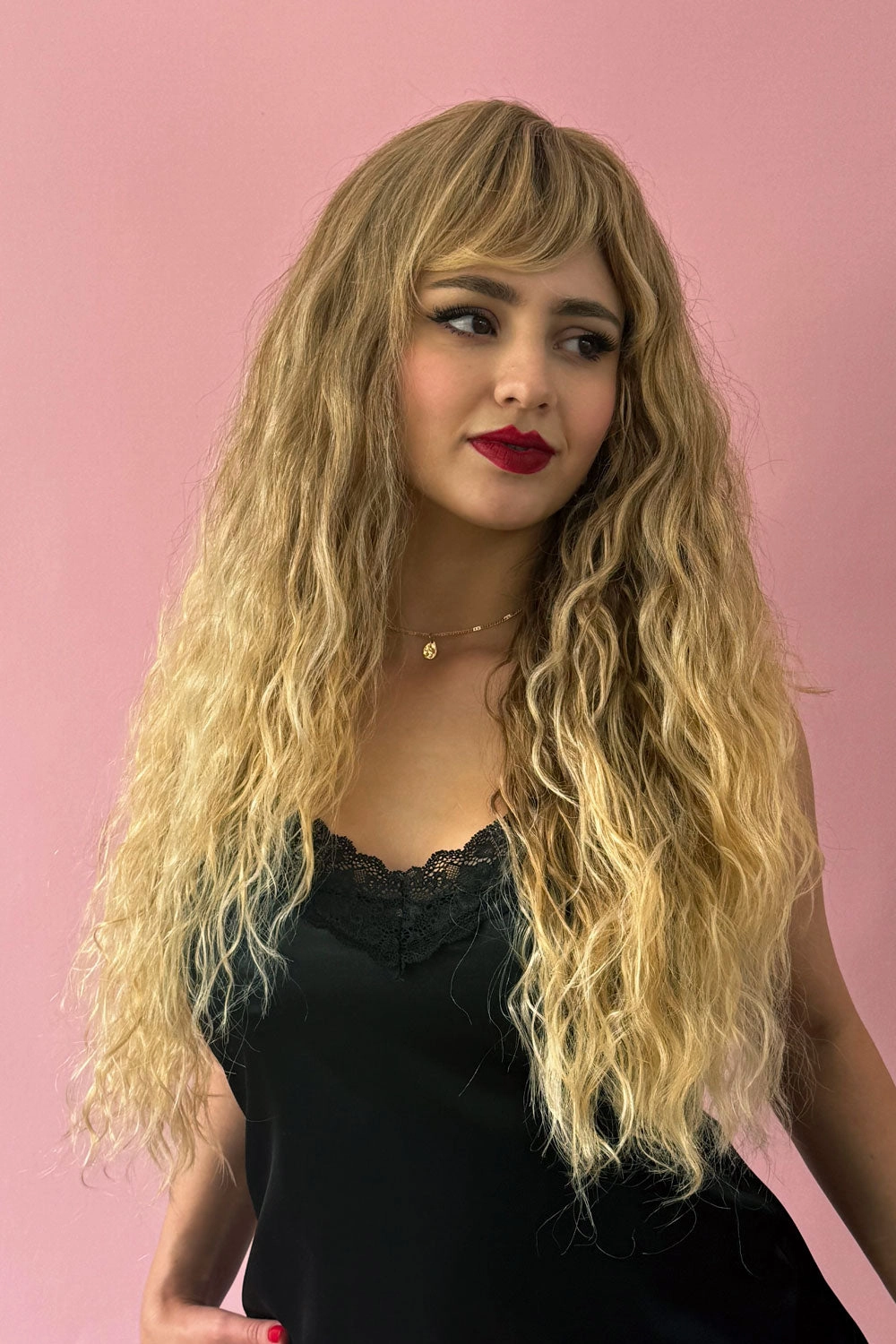 Long brown crimped wig, brown and blonde dip dye (ombre): Tiggy
