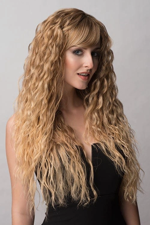 Long brown crimped wig, brown and blonde dip dye (ombre): Tiggy