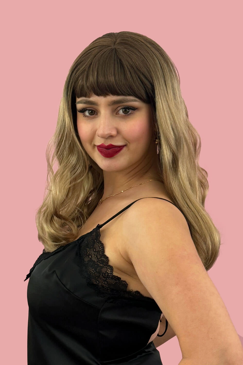 Long brown wavy bob (LOB) wig blended brown to blonde: Avery