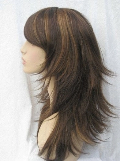 Long brown wig with blonde highlights, long, layered, tip flip: Elle