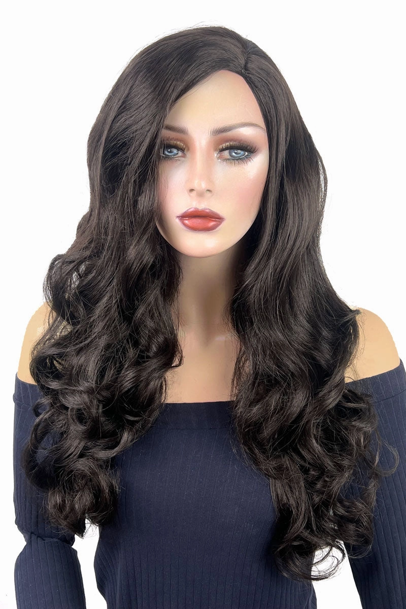Long, brown wig, with wonderful loose waves and curls and a sweeping fringe: Leonie