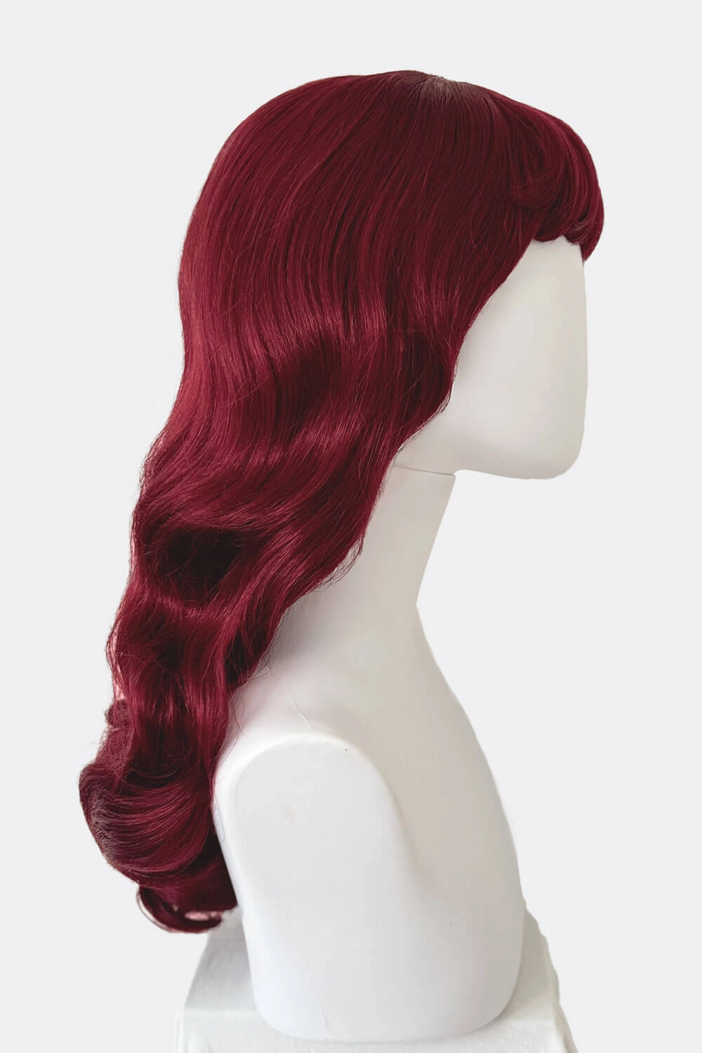Long cherry red pin-up wig, gently wavy with short fringe: Maeve