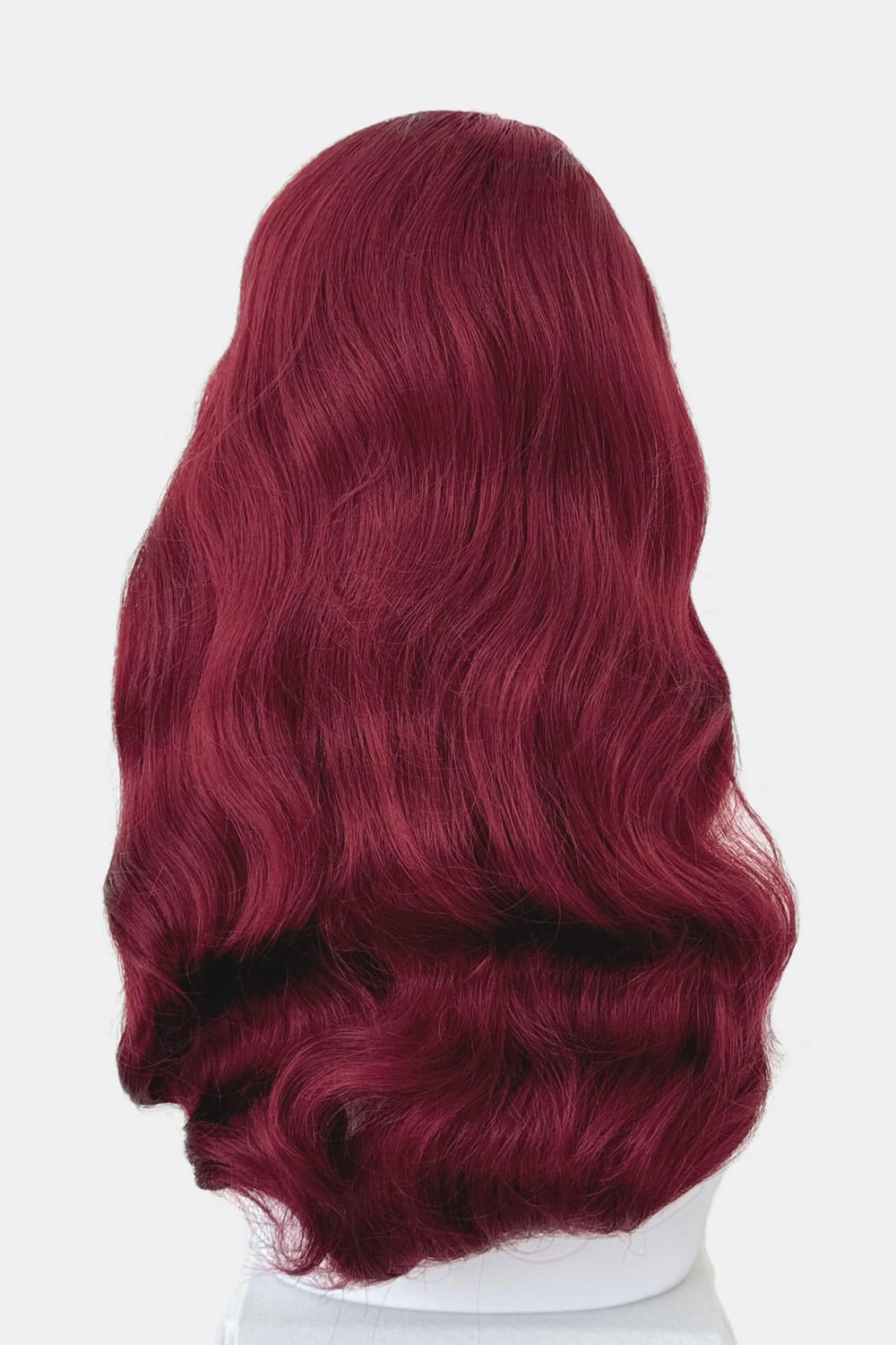 Long cherry red pin-up wig, gently wavy with short fringe: Maeve