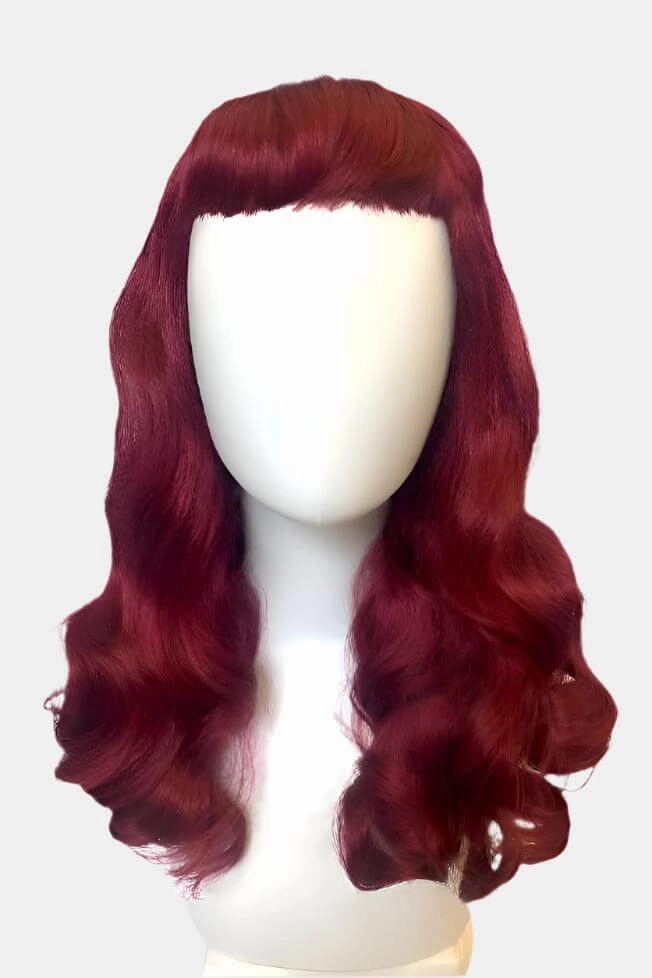 Long cherry red pin-up wig, gently wavy with short fringe: Maeve