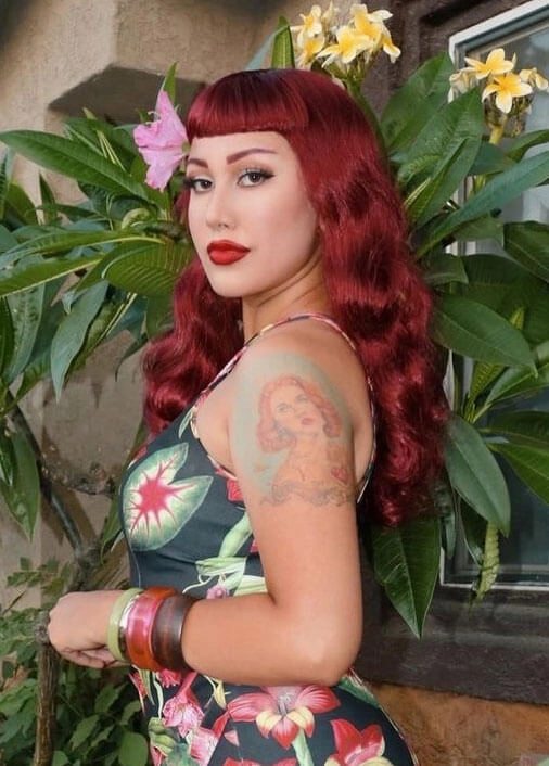 Long cherry red pin-up wig, gently wavy with short fringe: Maeve