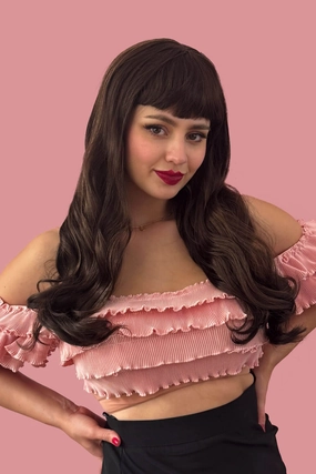 Long chestnut brown wig with blonde highlights and pinup-style fringe: Zola
