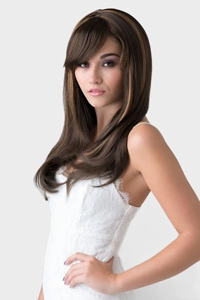 Long chocolate brown wig, razor cut face frame style: Catherine