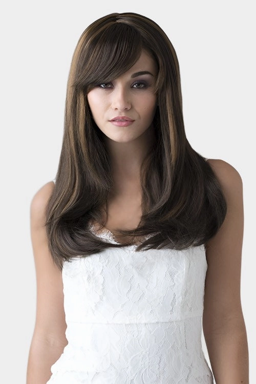 Long chocolate brown wig, razor cut face frame style: Catherine
