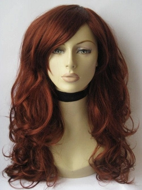 Long copper red wig with side sweeping fringe: Marcia