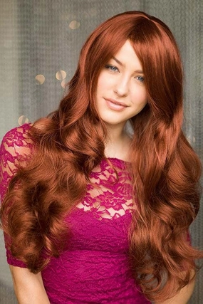 Long copper red wig with side sweeping fringe: Marcia