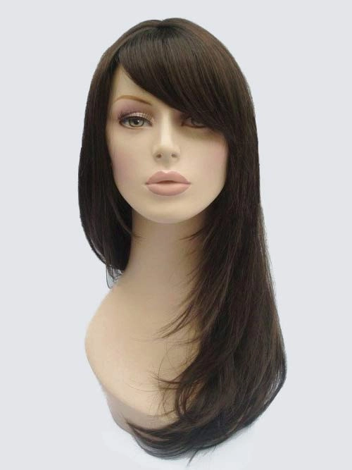 Long dark brown wig, layered face frame style: Lucy
