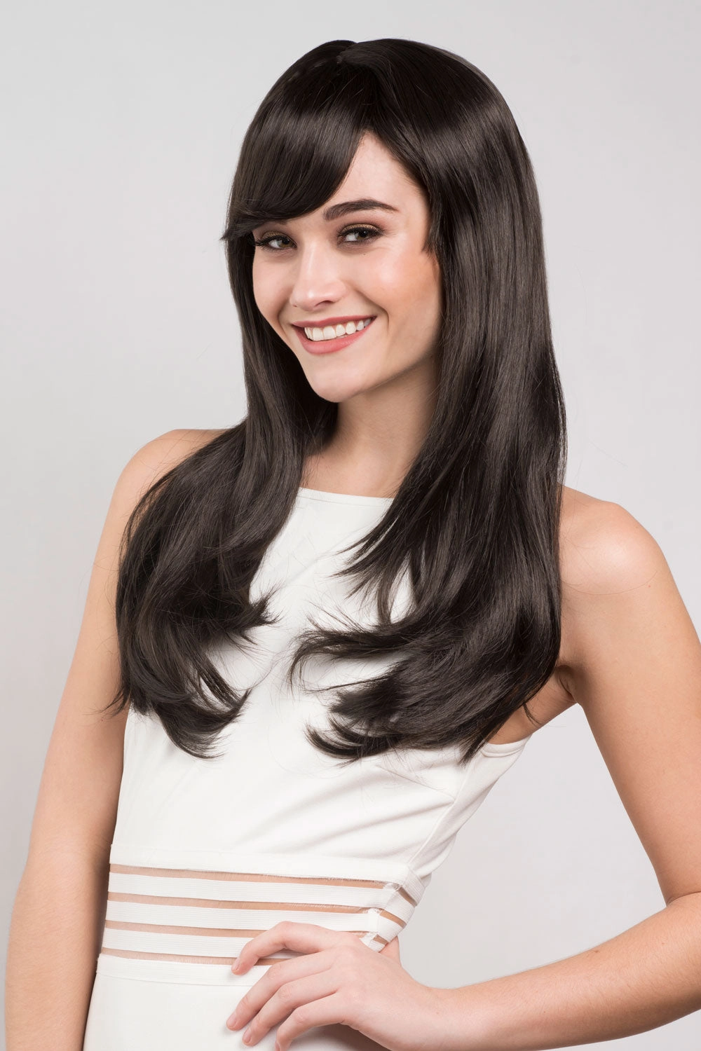 Long dark brown wig, layered face frame style: Lucy