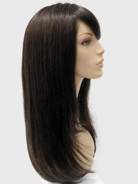 Long dark brown wig, layered face frame style: Lucy