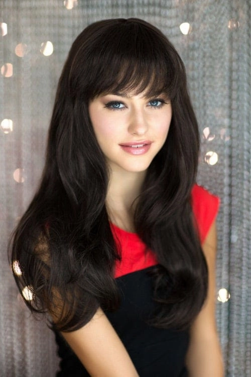 Long dark brown wig, layered face frame style: Lucy