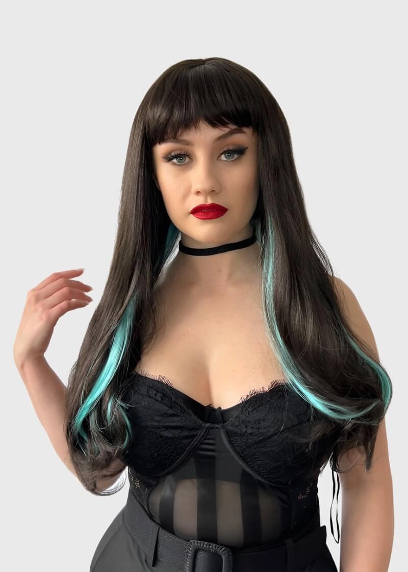 Long dark brown wig with blue streaks and a straight fringe: Cyane