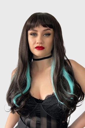 Long dark brown wig with blue streaks and a straight fringe: Cyane