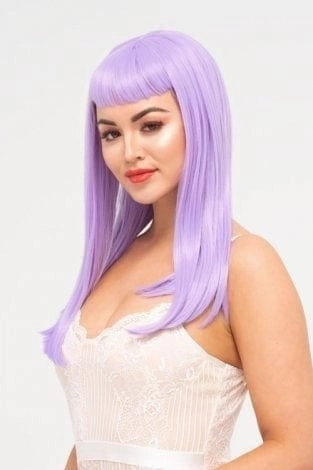 Long, Pink-Purple Wig With Short, Straight Fringe: Seraphina