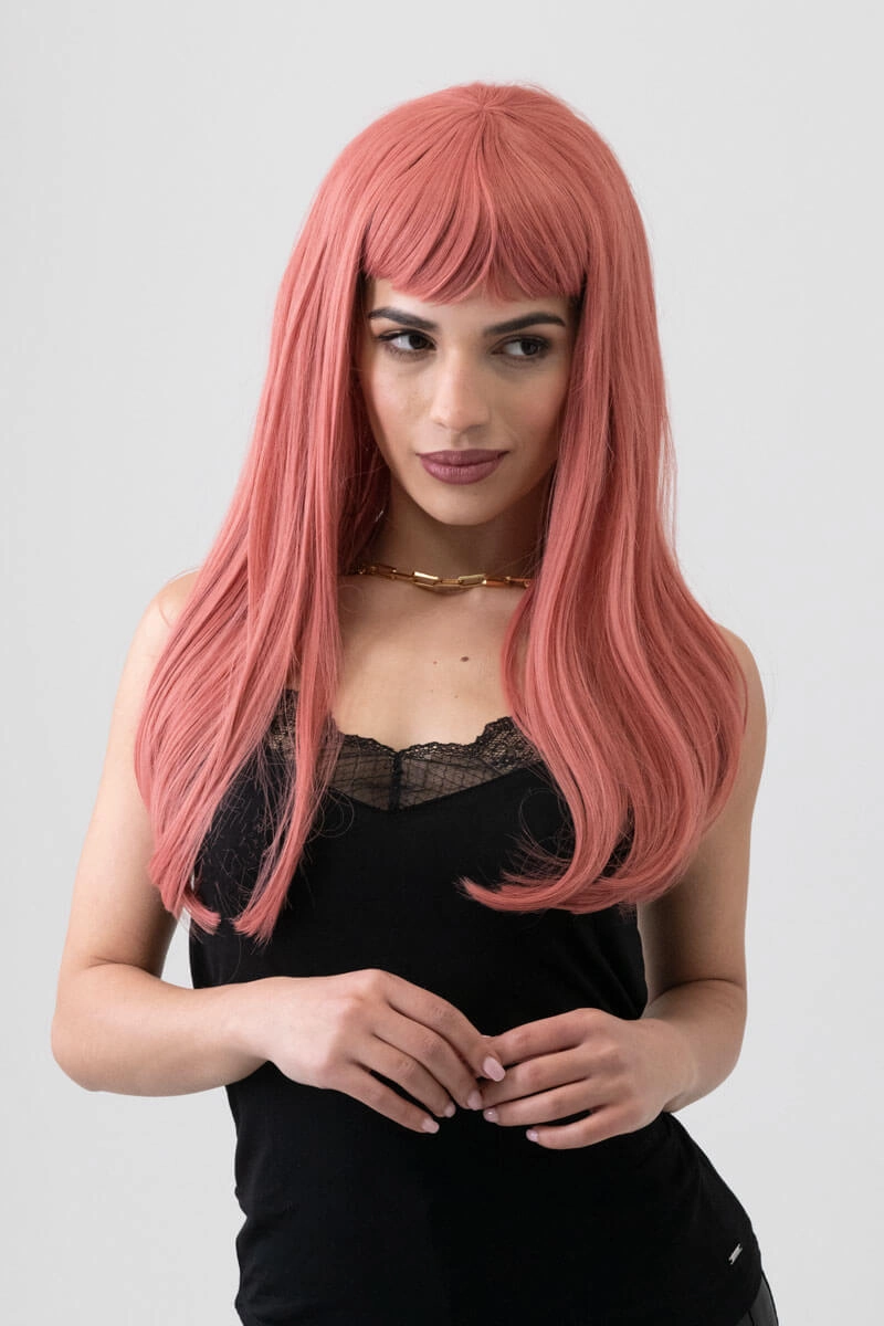 Long Pink Wig With Short, Straight Fringe: Stephanie