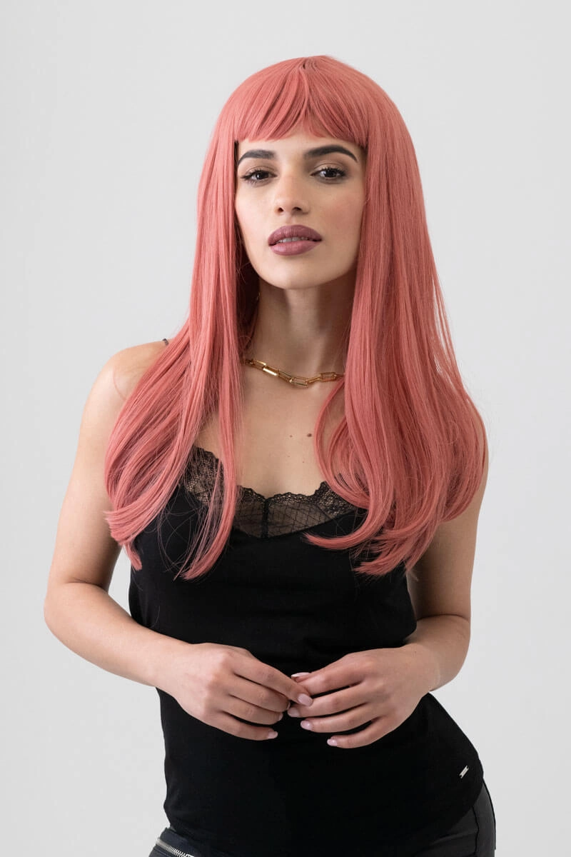 Long Pink Wig With Short, Straight Fringe: Stephanie