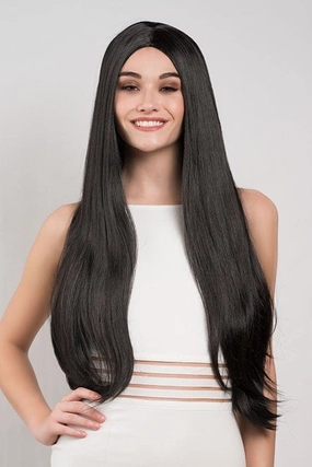 Long straight black wig with no fringe: Madeline