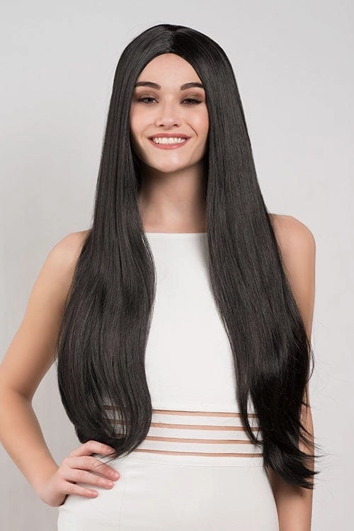 Long straight black wig with no fringe: Madeline